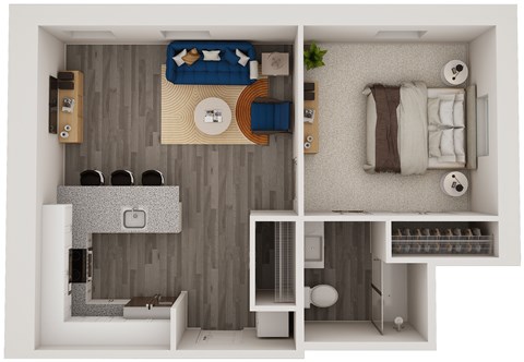 A top-down view of a small apartment with a bedroom, living room, and kitchen.